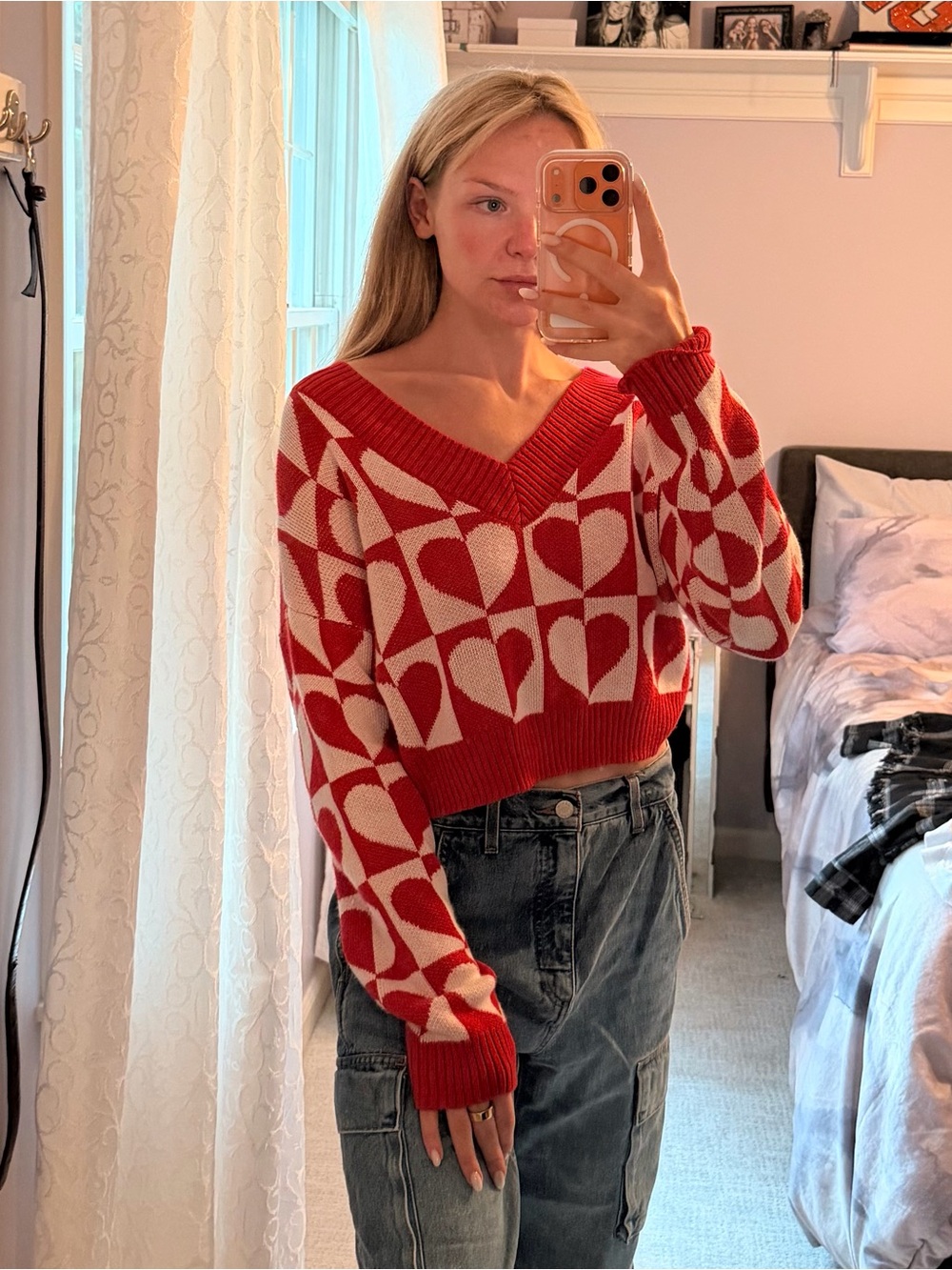 Steve Madde Red & Cream V-Neck Heart Pattern Cropped Sweater